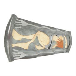 Studio pottery twin handled platter, of waved form, decorated with a female swimmer, L84cm, D22cm