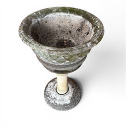 Large circular cast stone planter, and a small lattice planter on raised column