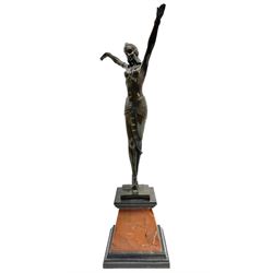 Art Deco style bronze figure of a dancer after Chiparus, raised upon marble base, H55cm