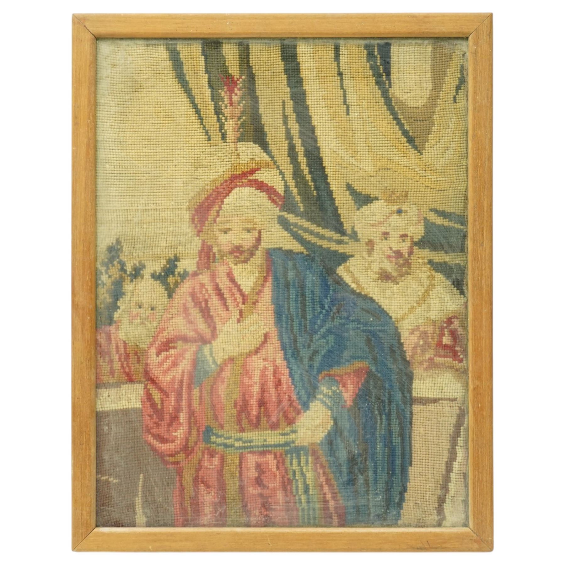 Set of five Victorian petit point needlework samplers, depicting various religious and continental scenes, framed, largest including frame 63cm x 56cm (5)