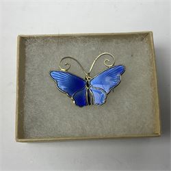 Norwegian silver blue guilloche enamel butterfly brooch, by David Andersen, stamped David Andersen Sterling Norway 925S, H2.3cm