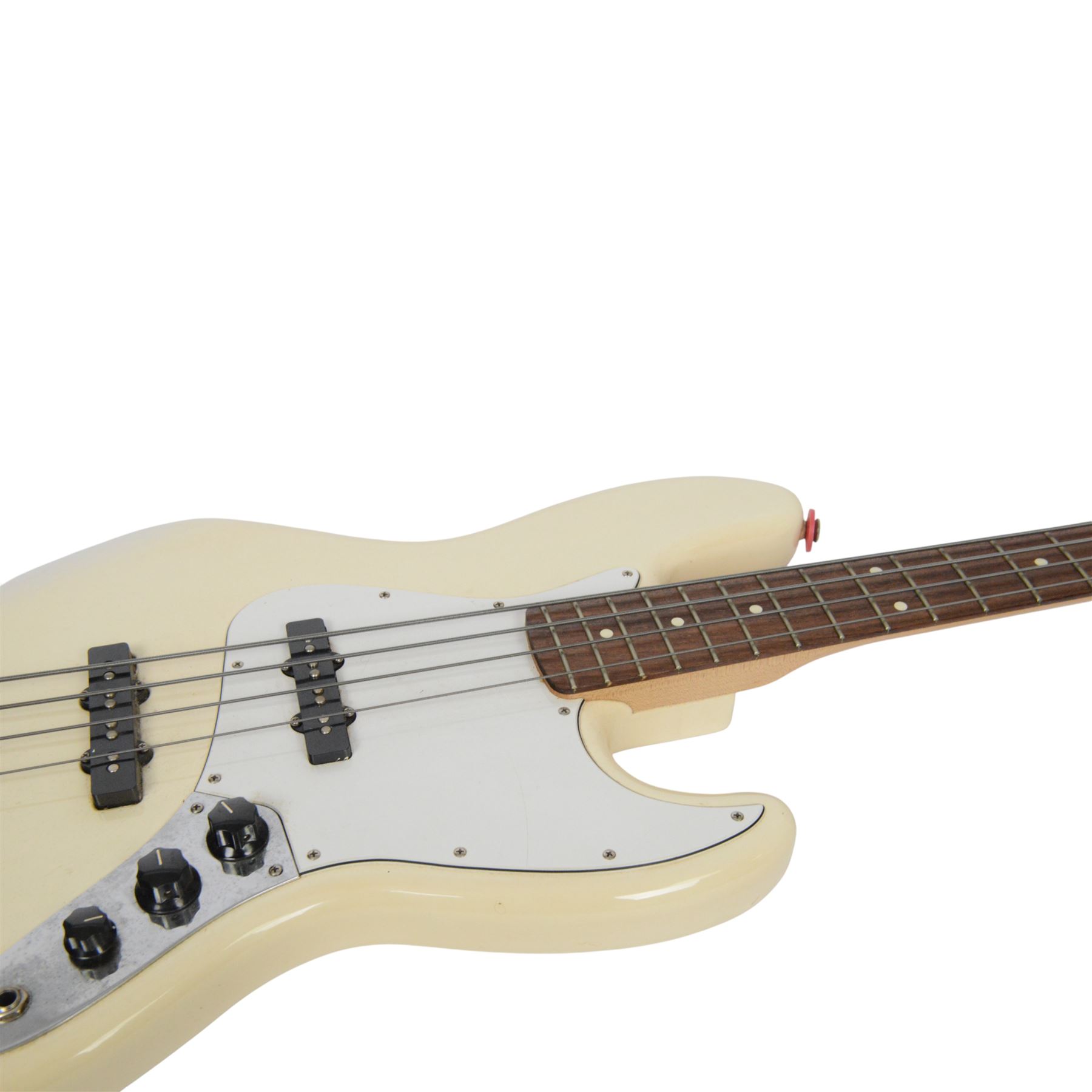 Fender jazz bass guitar, serial no. MZ7182451 made in Mexico c.2007, with cream body, white scratch plate, maple neck, guitar L120cm