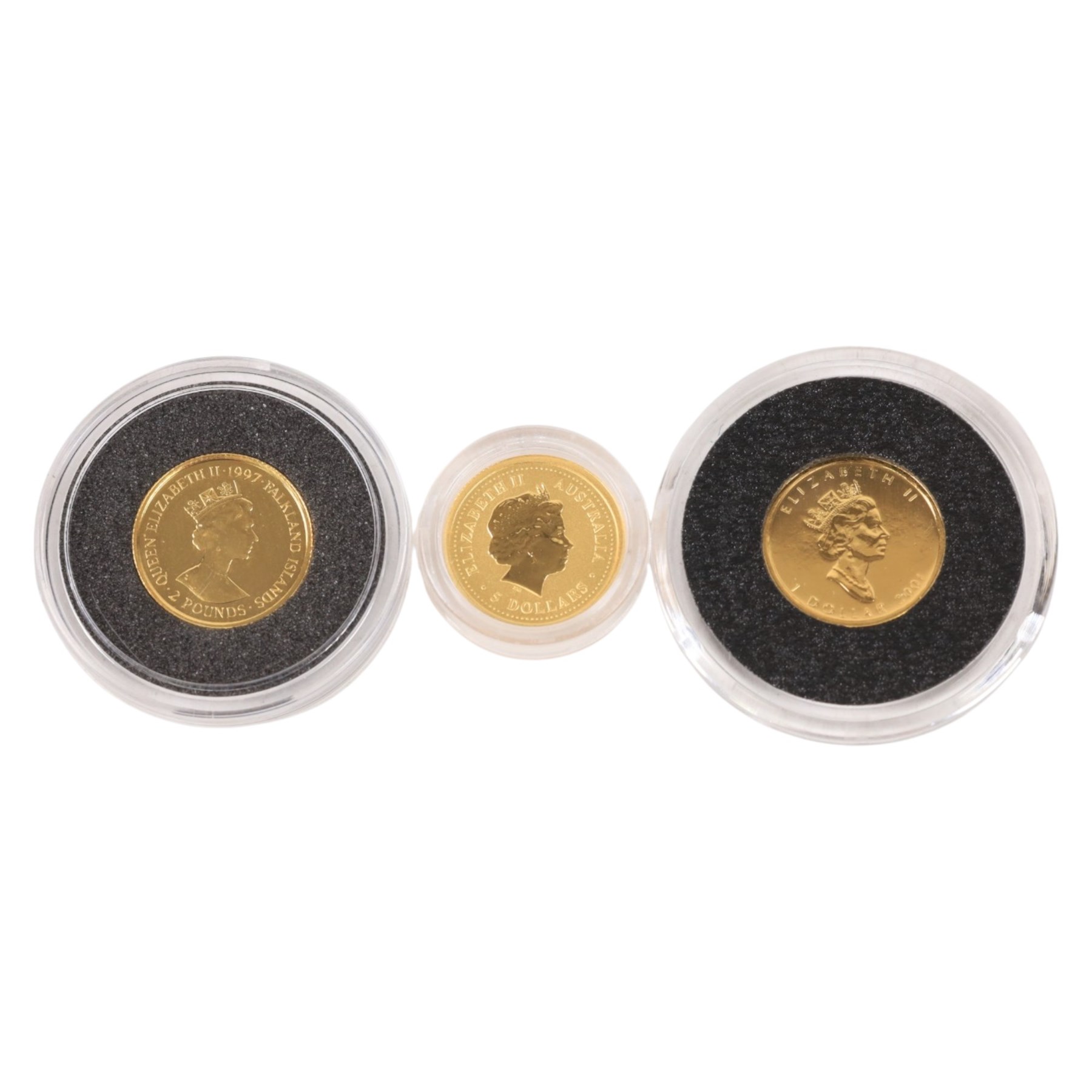 Three Queen Elizabeth II fine gold coins, comprising Australia 2001 'Kangaroo Nugget' one twentieth ounce five dollar, Falkland Islands 1997 'Henry VIII' one twenty-fifth ounce two pound, and Canada 2001 'Maple Leaf' one twentieth ounce one dollar, with certificates