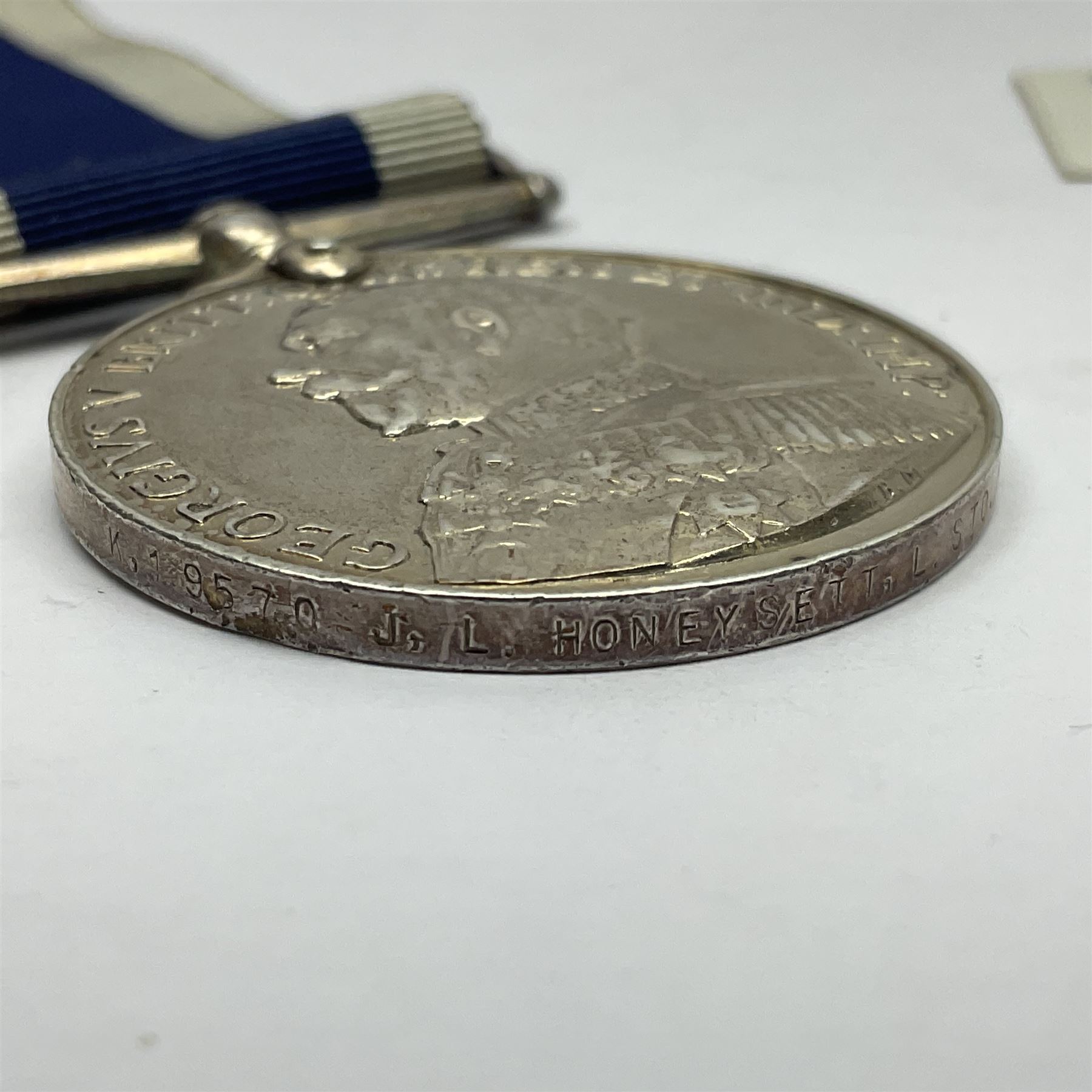 George V Naval Long Service and Good Conduct Medal awarded to K19570 J.L. Honeysett L. Sto. H.M.S. Royal Oak; and George V Territorial Force Efficiency Medal awarded to 312762 Ftr. S/Sjt. D. Newton R.G.A.; both with ribbons (2)