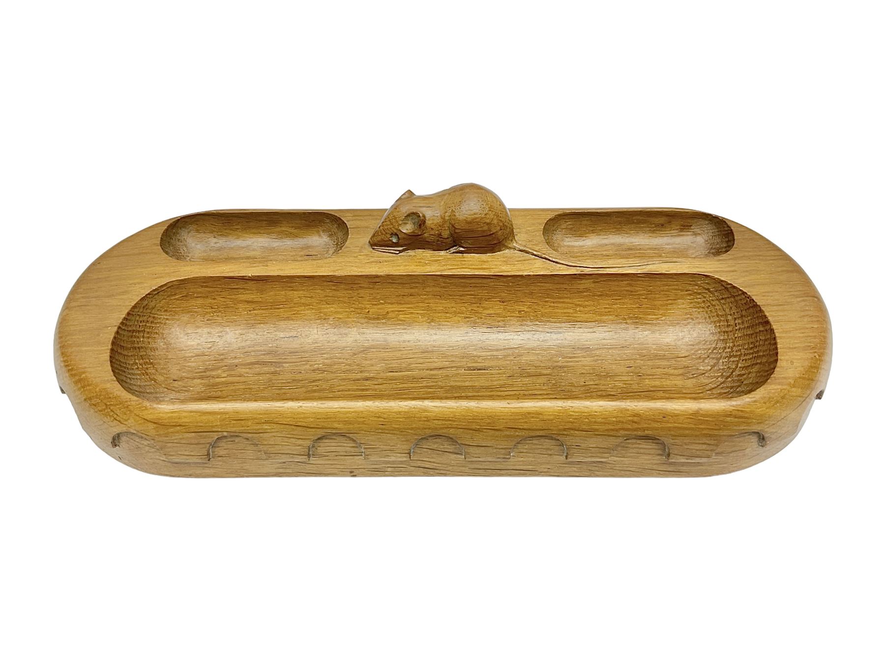 Mouseman - oak pen tray, rectangular form with rounded ends, carved mouse signature over penny moulded edge, by the workshop of Robert Thompson, Kilburn