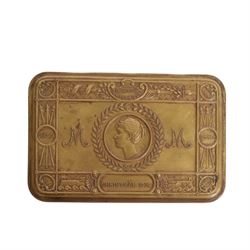  WWI Queen Mary 1914 Christmas tin, together with various cap badges including Lancaster Fusiliers, Manchester Regiment and King's Own Scottish Boarders  