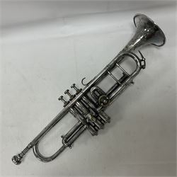 Victorian Class A silver plated trumpet retailed by Kitchen & Co,29 Queen Victoria Street Leeds, 1897 with mouthpiece/slide and in its original felt lined box
