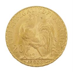 French 1908 gold twenty franc coin