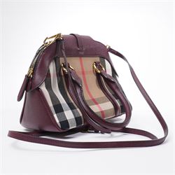 Burberry - ‘Milverton’ Small House Check Bag, introduced circa 2015 under Christopher Bailey, in signature Haymarket check canvas with oxblood grained leather trim and belted front detail, with rolled top handles and detachable shoulder or crossbody strap, with gold-tone hardware, unused with original dust bag