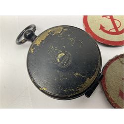 WW1 Short & Mason Ltd 'The Magnapole' black japanned brass field compass in leather carrying case; WW1 trench art paper knife inscribed Dixmude; and small quantity of cloth badges etc