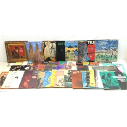 A group of various Vinyl records, to include examples by Janis Joplin, Jimi Hendrix, Talking Heads, etc. 