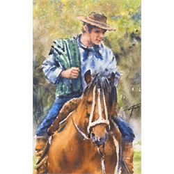 Diego Ferrer (Argentinian Contemporary): Gauchos on Horseback, set of three watercolours signed and variously dated, each approx. 22.5cm x 14.5cm (3) (one unframed)