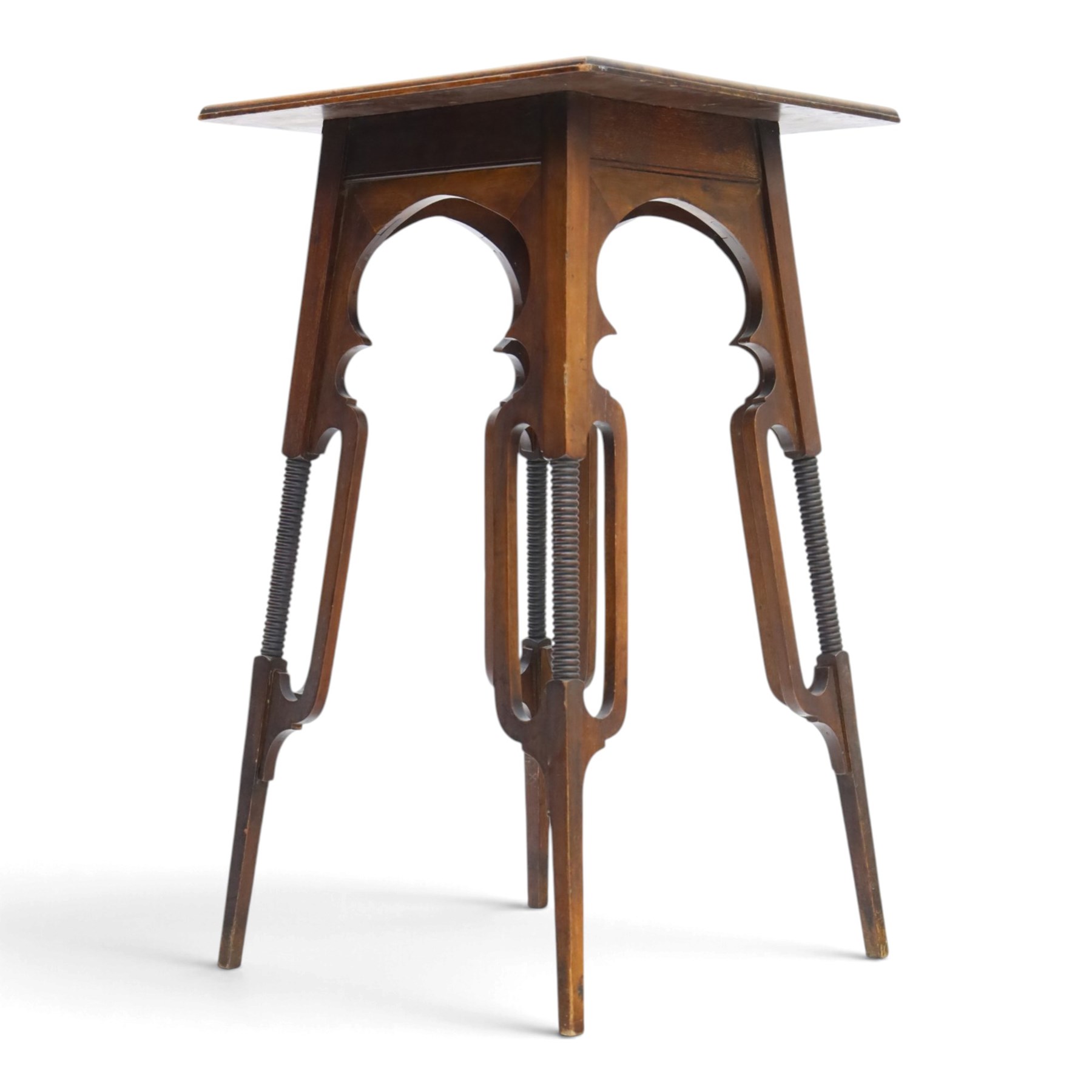 Art Nouveau design mahogany side table, square moulded top over pierced scroll shaped aprons, on four openwork supports