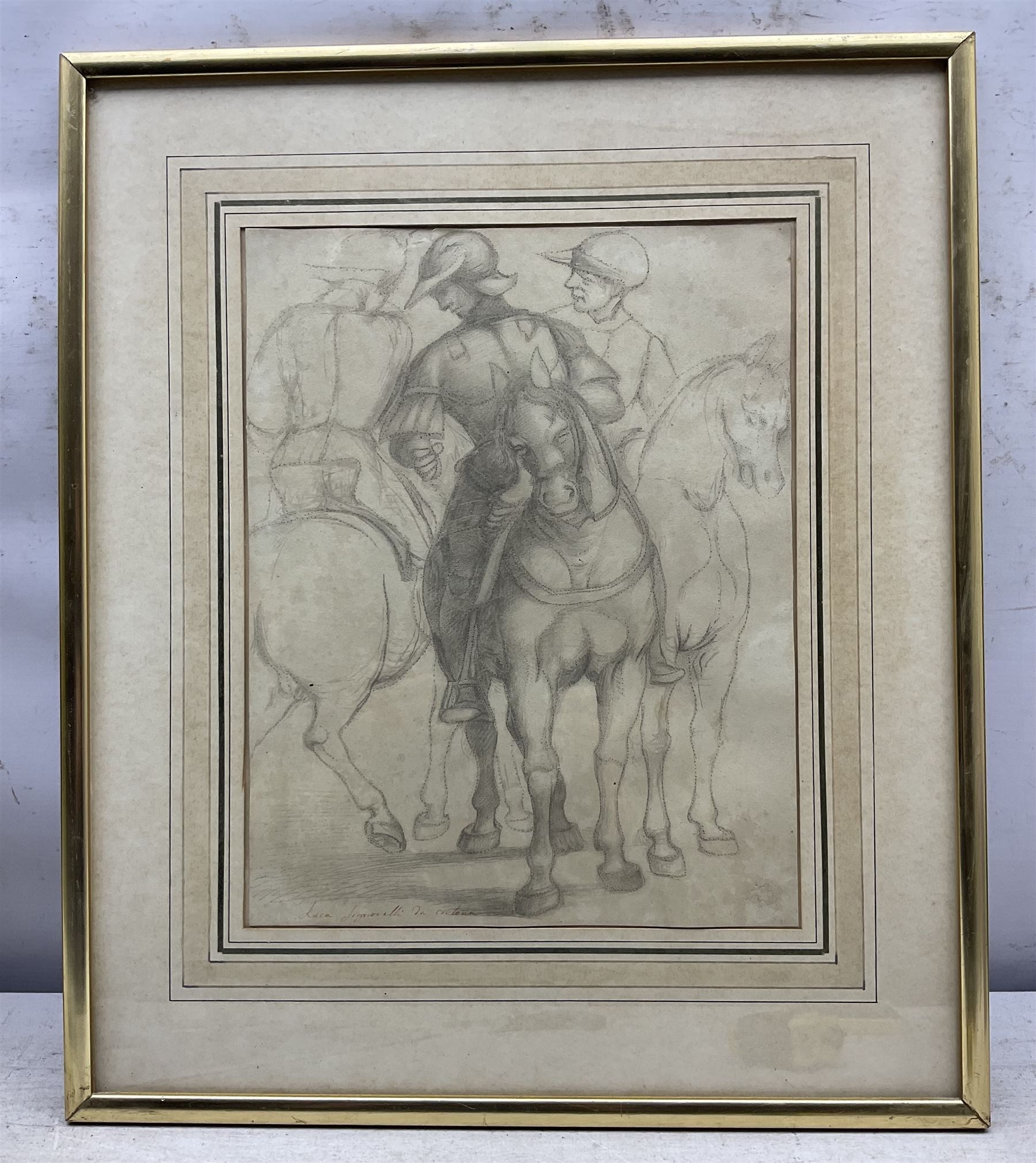 Italian School (19th Century) after Luca Signorelli (Italian 1445-1523): Knights on Horseback and Man Blowing a Horn, two pencil sketches unsigned max 34cm x 26cm (2)