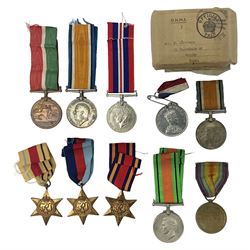 WW1 pair of medals comprising British war medal and Victory Medal awarded to 19774 Pte. G. Headlam Sea. Highrs.; another WW1 pair of medals comprising British War Medal and Mercantile Marine Medal awarded to Charles Filburn; WW2 group of five medals comprising 1939-45 War Medal, Defence Medal, 1939-45 Star, Africa Star and Burma Star; in issue box addressed to Mr. H, Smithson with medal slip; all with ribbons; and Edward VIII Coronation medal (10)