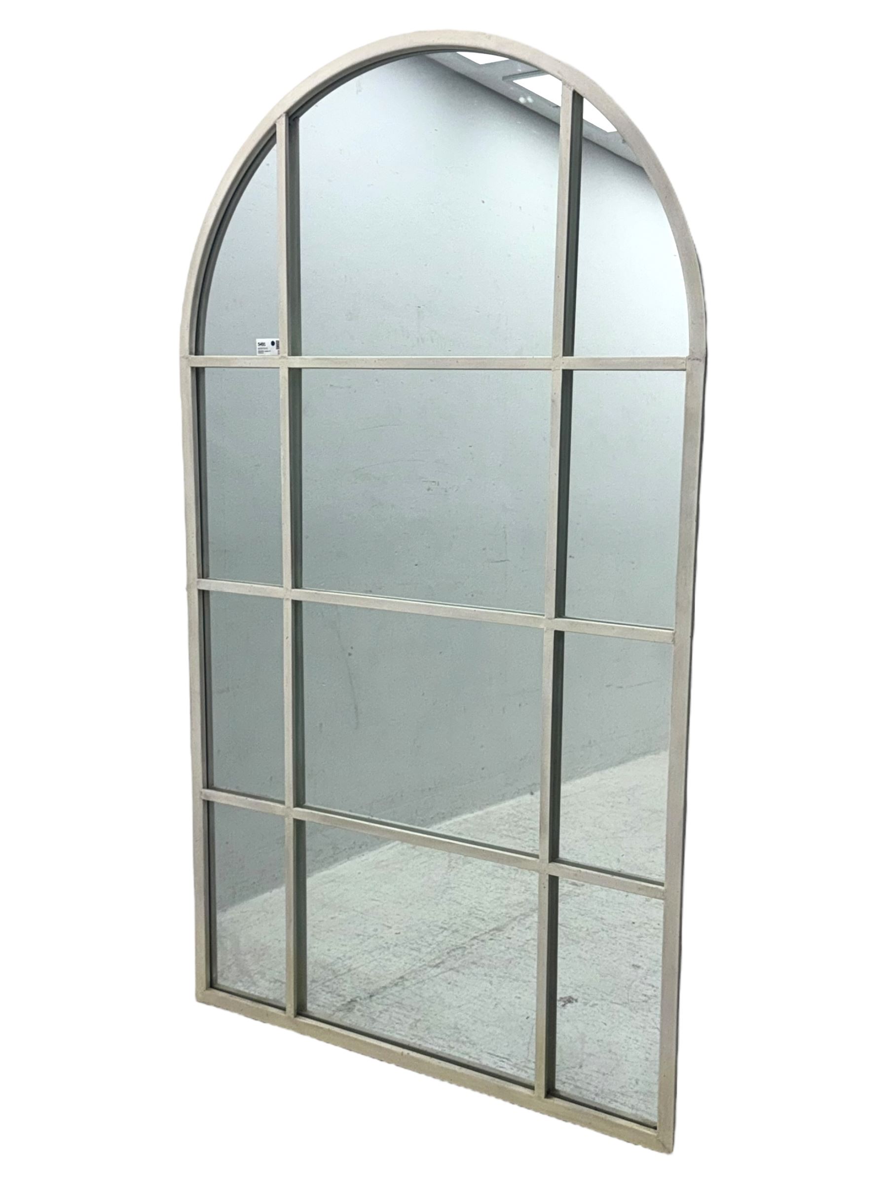 Contemporary arched overmantel mirror, segmented into twelve sections set within a white painted metal frame