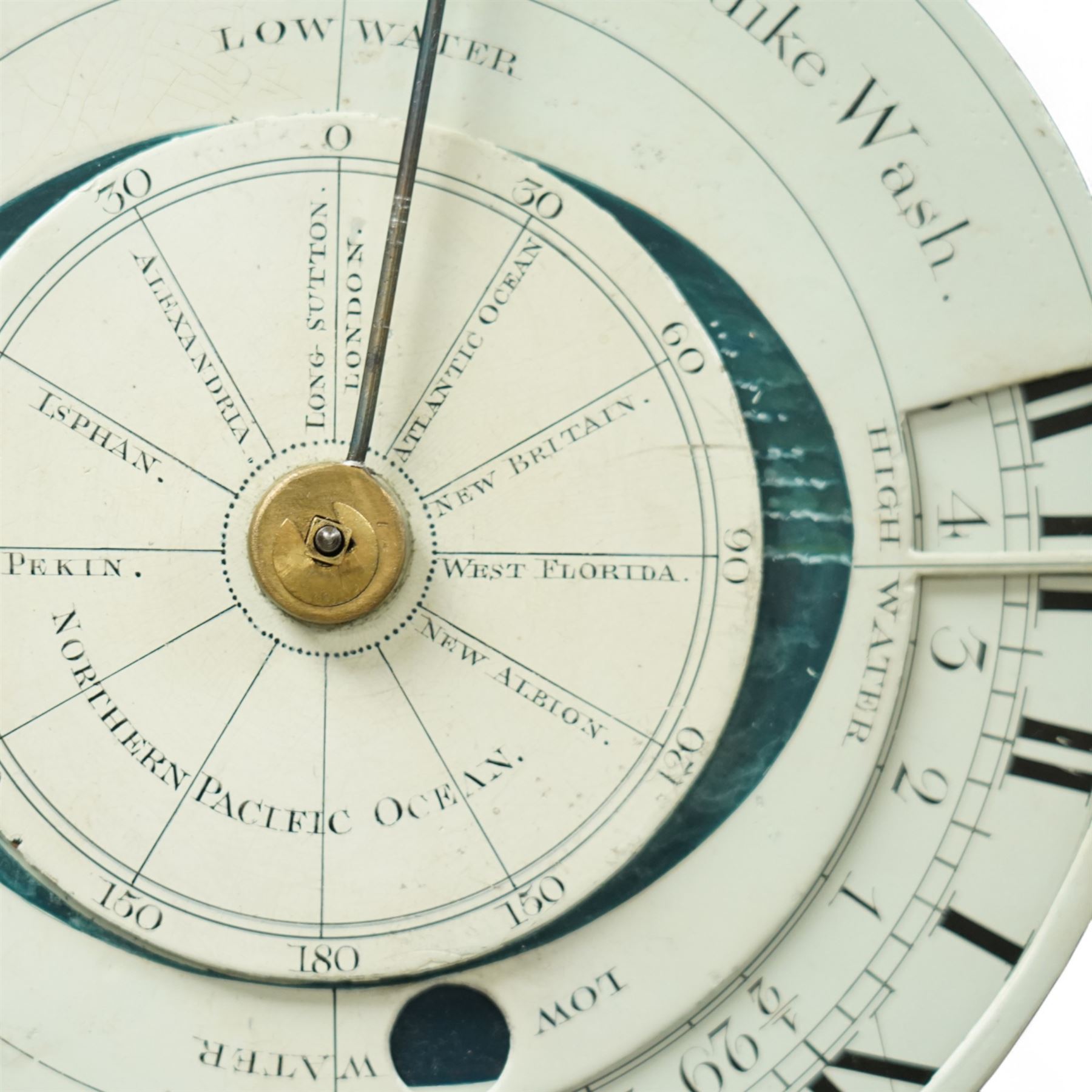 Thomas Emberson of Long Sutton (Lincolnshire) - Early 19th century longcase clock c1810 with a 30hr movement and an exceptionally rare 24-hour painted dial, housed in an ebonised Pine case with a flat pediment and break arch hood door, glazed side panels and turned pilasters with brass Corinthian capitals, trunk with a long door and conforming break arched top raised on a stepped plinth, fully painted dial with painted spandrels representing the four seasons and an operating automata depiction of ships at sea, rising and falling with the time of high and low water to the arch, with a 24-hour chapter with Roman numerals, five minute Arabic's, minute and inner quarter hour tracks, steel radial minute hand and image of the sun recording the hours, secondary inner dial illustrating the phases of the moon and lunar calendar recording the date and times of high and low water at Fosdike Wash (Lincolnshire), with an adjustable circular disc to the centre giving the times of high water at seven other locations including the Northern Pacific Ocean, dial attached to a countwheel striking chain driven movement, sounding the hours on a bell. With weight and pendulum.
Thomas Emberson is recorded not as a clockmaker but a machine maker from Long Sutton. This clock is also thought to have originally contained a musical movement, now removed, and was clearly an individual project possibly based on an earlier clock by John Ferguson illustrated in 