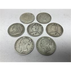 Seven Queen Victoria silver half crown coins, dated 1845, 1878, 1886, three 1887 and 1901
