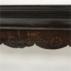19th century oak two tier plate rack, projecting cornice, W193cm, H120cm, D21cm