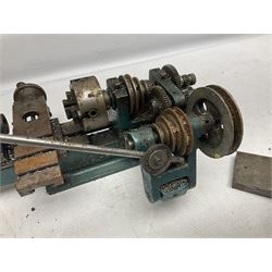 Cowells of Norwich model 90 modelmaker's lathe with handbook, the Pratt Bernard 4-jaw chuck with 4cm centre height and 7.5cm throw L44.5cm; together with an unrelated Hobbymat horizontal cross-slide with 4-way tool post (2)