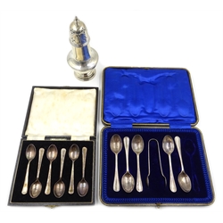  Silver sugar caster Birmingham 1911, set of six silver coffee spoons, part set of teaspoons with sugar nips in cases approx 9.5oz  