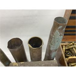 Large collection of shell and bullet casings, including a trench art example, together with a metal cartage case and wooden case