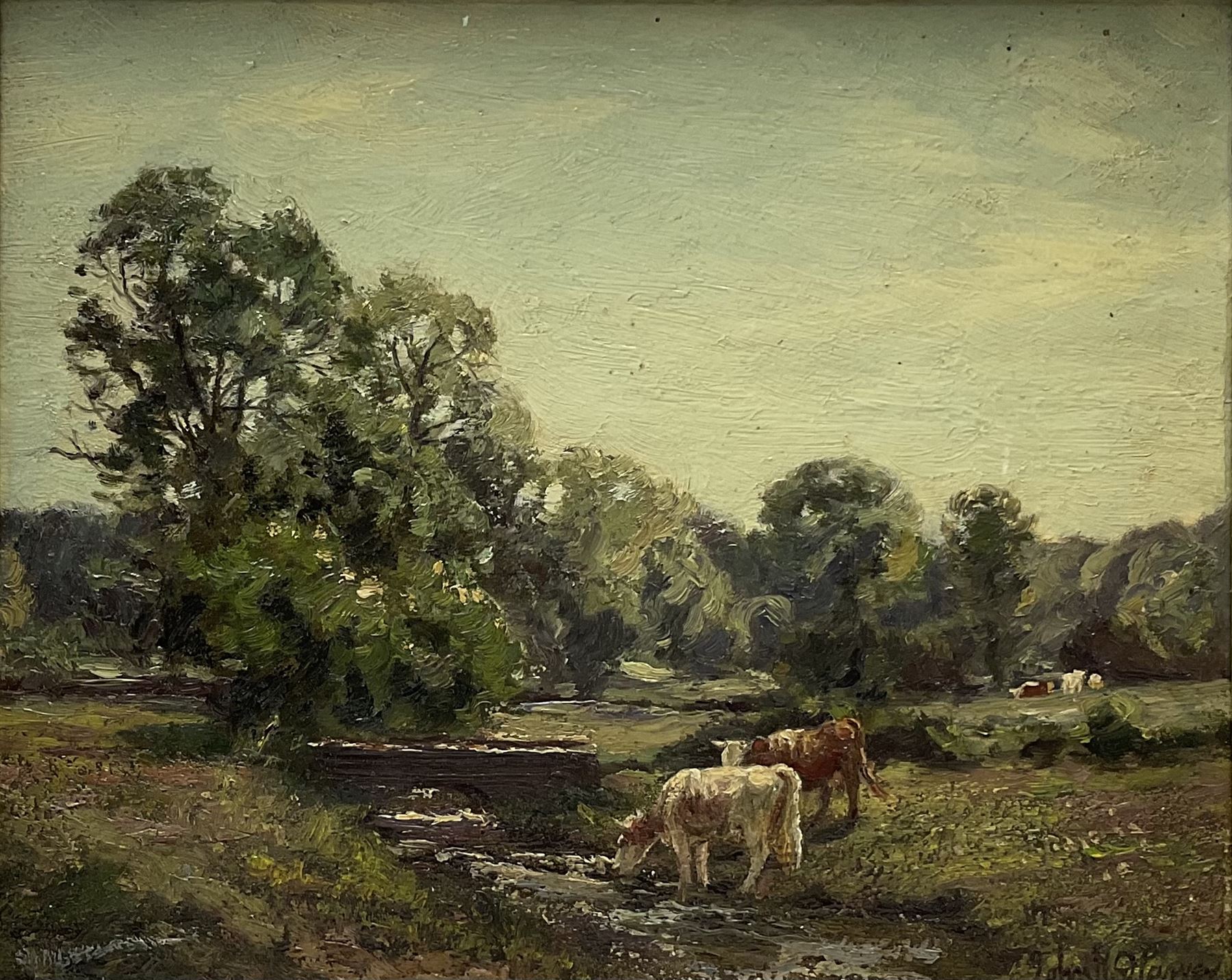 John Rathbone Harvey (British 1862-1933): Cattle Watering, oil on board signed 23cm x 28cm