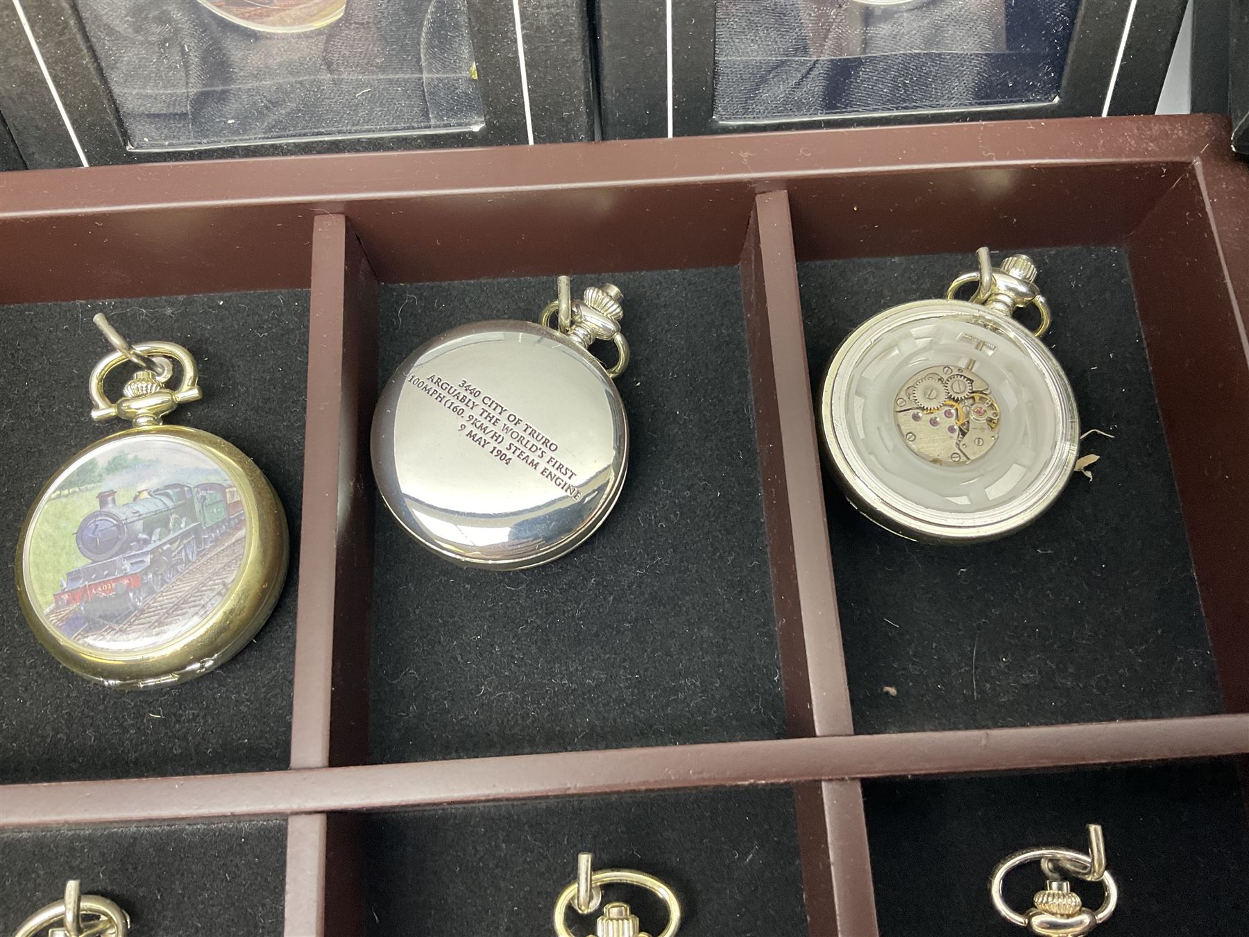 Twenty-three Glory of Steam Atlas Editions silver plated pocket watches, to include The Scottish Horse, Merchant Navy Class, etc, with wood display case, all boxed, twenty one with certificates