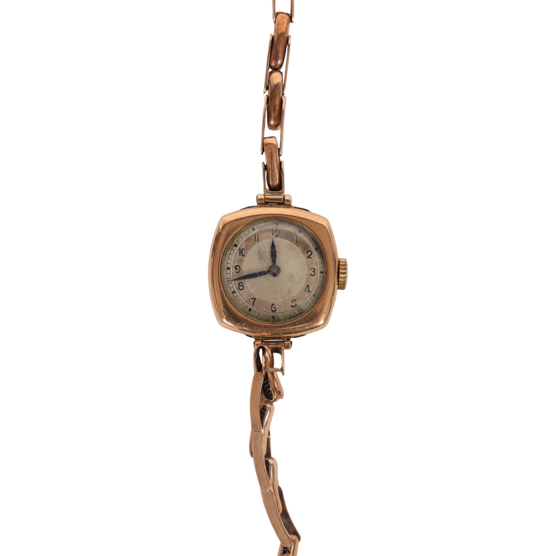 9ct gold cased ladies manual wind wristwatch, on expanding 9ct gold strap with additional 9ct gold expanding links