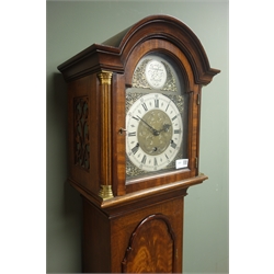  20th century figured mahogany longcase Granddaughter clock, triple train driven Westminster chiming movement on rods, dial signed 'Tempus Fugit' H155cm  