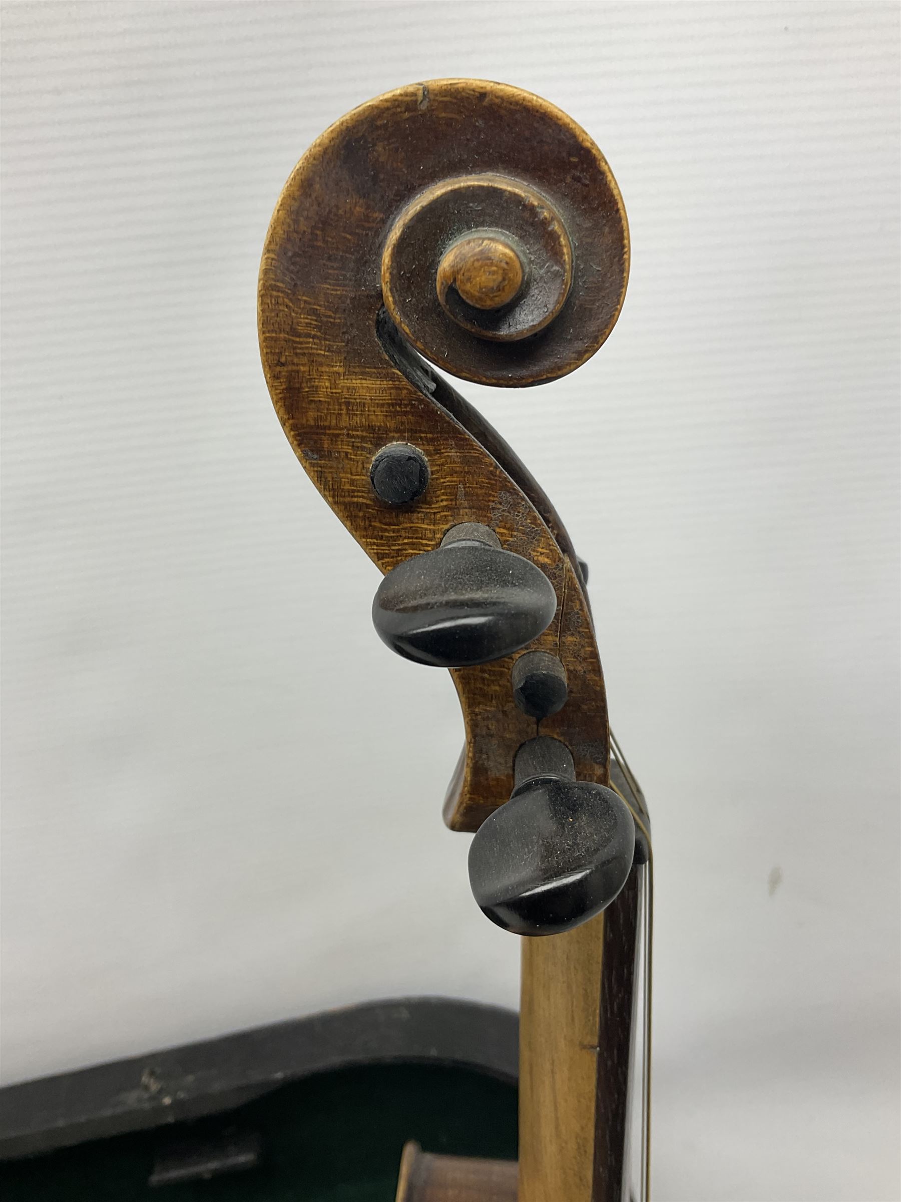 German Hopf violin c1900 with 35.5cm two-piece maple back impressed HOPF, maple ribs and spruce top, also marked HOPF internally L58.5cm overall; in Maidstone ebonised wooden coffin case with bow