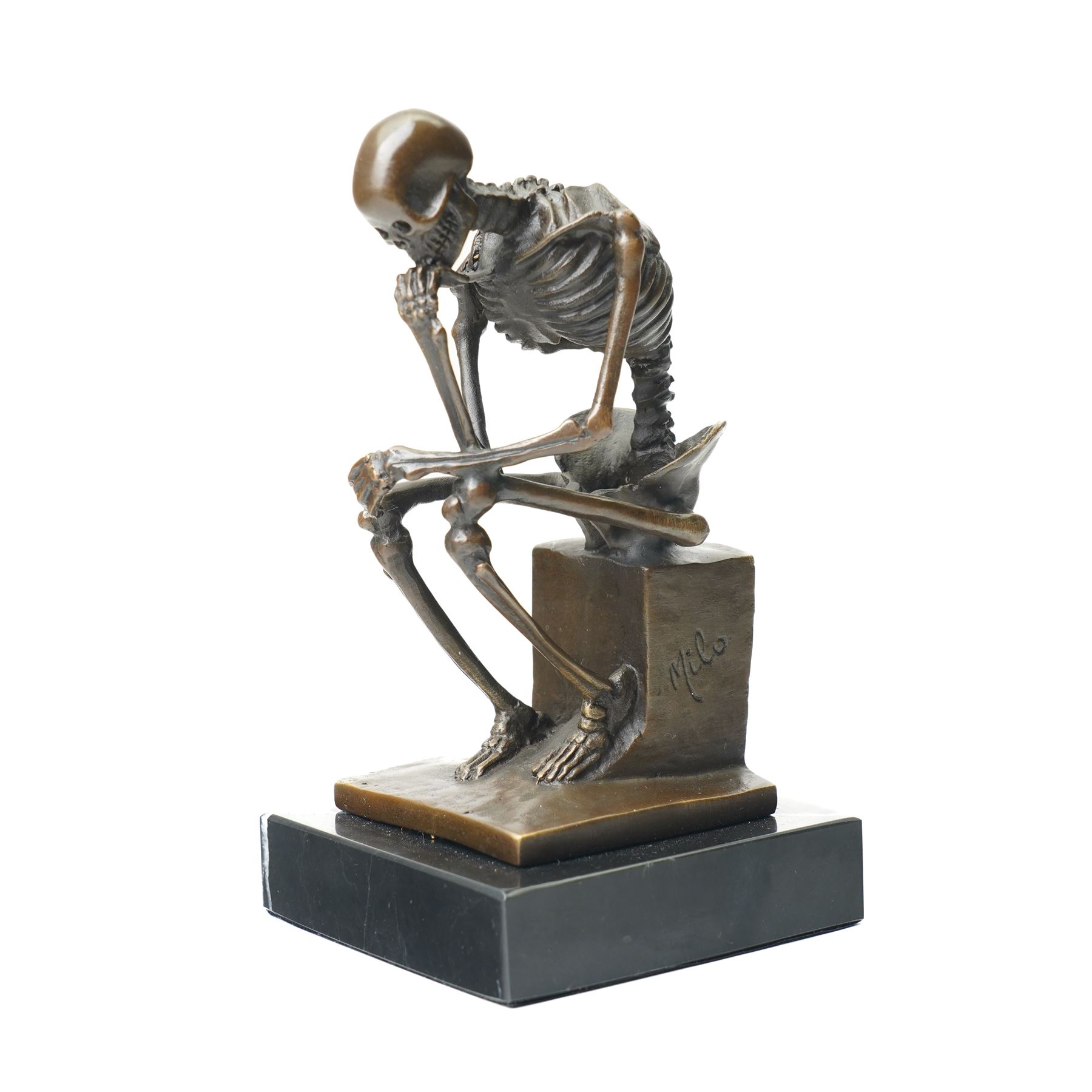 Bronze skeleton modelled as 'The Thinker', on black marble base, signed 'Milo' to plinth, H14cm