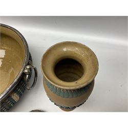 Five pieces of Doulton Lambeth silicon, comprising  salad bowl with plate mounted rim and handles, a pair of similar salad servers, vase and jug, jug H16cm