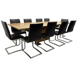 Contemporary walnut extending dining table, rectangular pull-out extending action top with two additional leaves, on rectangular base with burnished metal feet (160cm - 258cm x 100cm, H78cm); together with a set of ten cantilever dining chairs upholstered in stitched brown leather, on burnished metal supports 