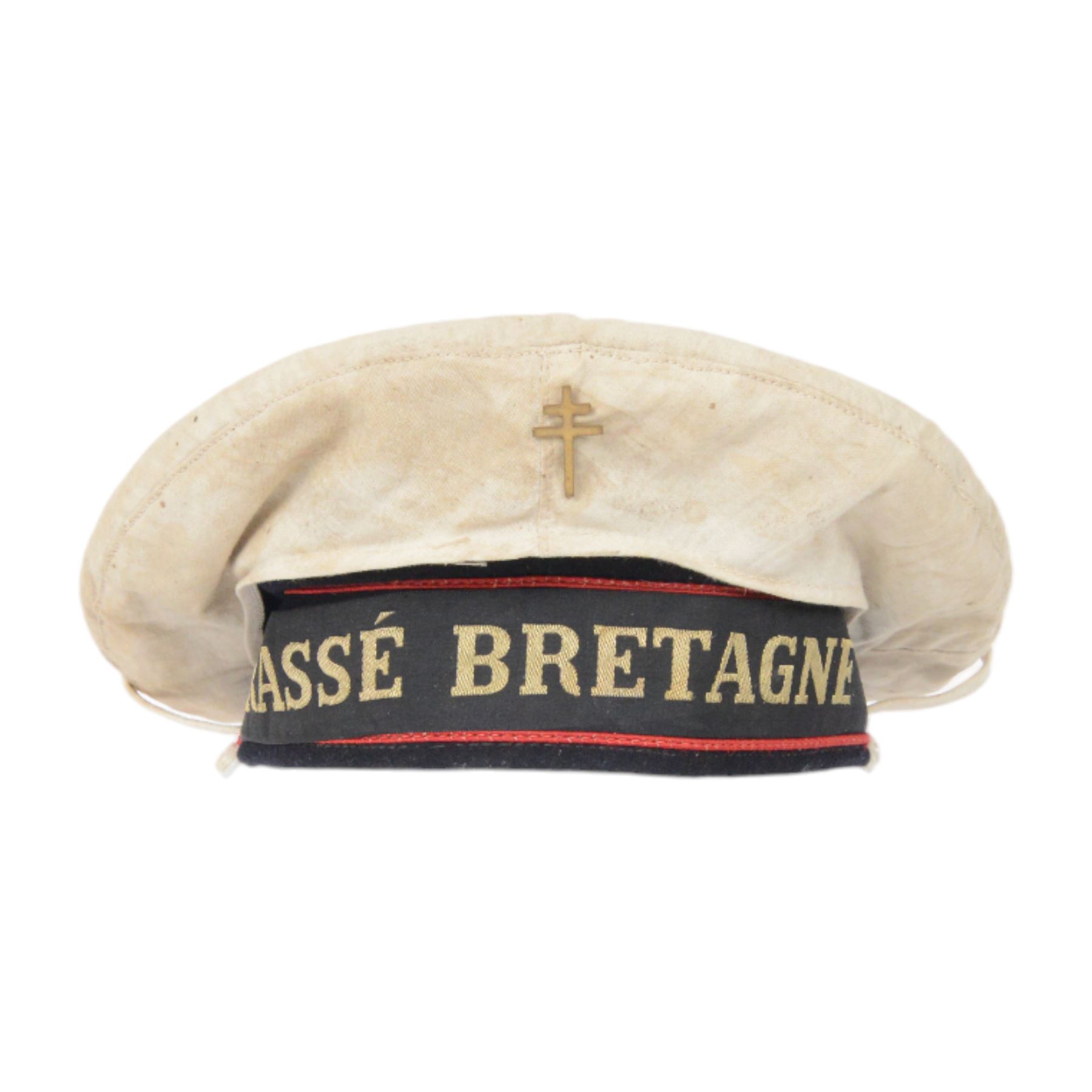 WWII French Navy Bachi, FFL cap with summer whites cover and scarce Cuirasse Bretagne, cap tally, dated 1944 on liner band
The Cuirasse Bretagne French battleship was sank by the British Navy 
