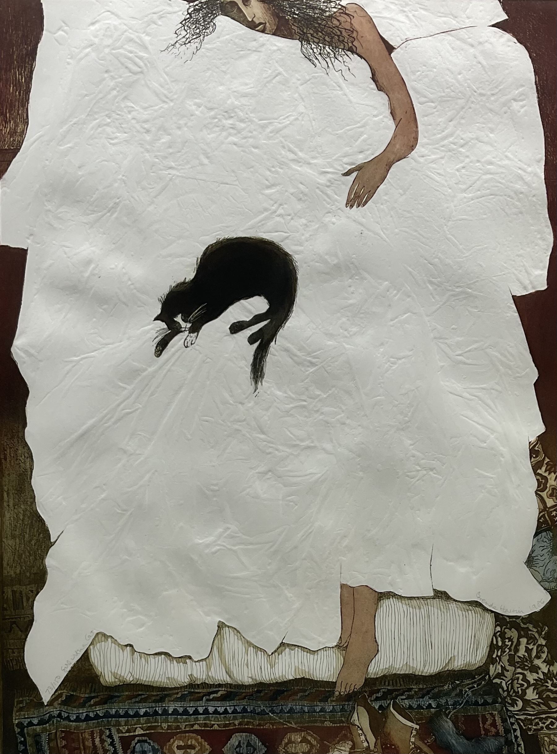 Brenda Harthill (British 1943-): 'Girl with Cat', limited edition colour etching on embossed paper signed titled and numbered 73/150 in pencil 74cm x 56cm
Provenance: Purchased from RA Summer Exhibition 1985