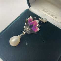 Silver enamel, pearl and marcasite flower pendant, stamped 925, boxed