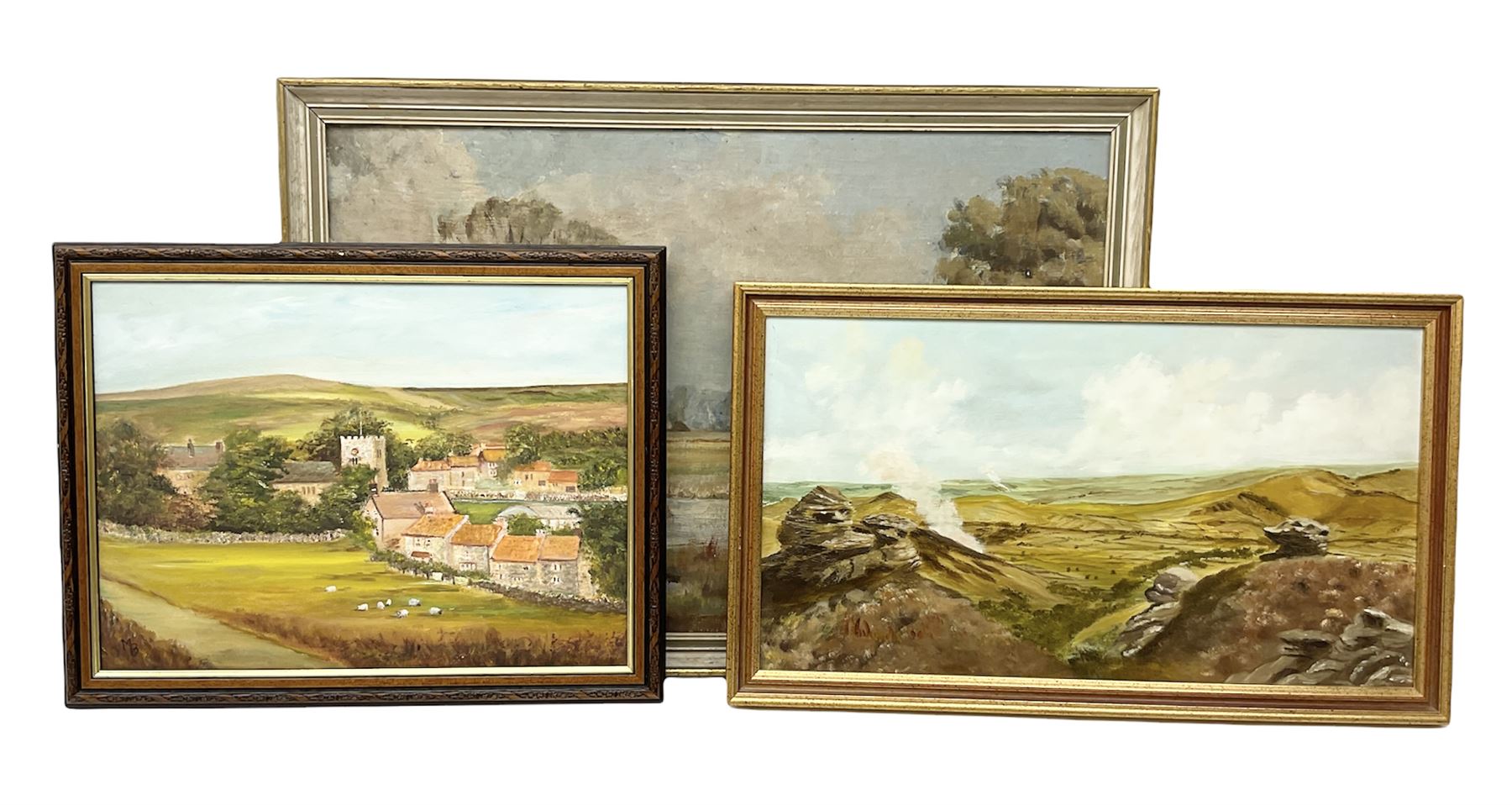 Hector Fraser (British 20th century): 'River Meadow', oil on board signed and dated 1973 together with two similar oils by different hands max 40cm x 60cm (3)