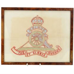 Three framed embroidered panels of military crests,  The Royal Regiment of Canadian Artillery, Army Service Corps and Yorkshire Yeomanry Hussars