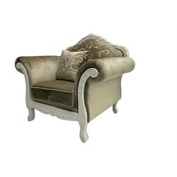 French style white finish armchair, upholstered in grey fabric with scrolling floral pattern, the frame decorated with leaf motifs 