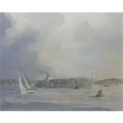 Alan Stark (British 20th century): Penzance Sailing Ship at Full Sail and Container Ship off Shore, pair watercolours signed 23cm x 29cm (2)