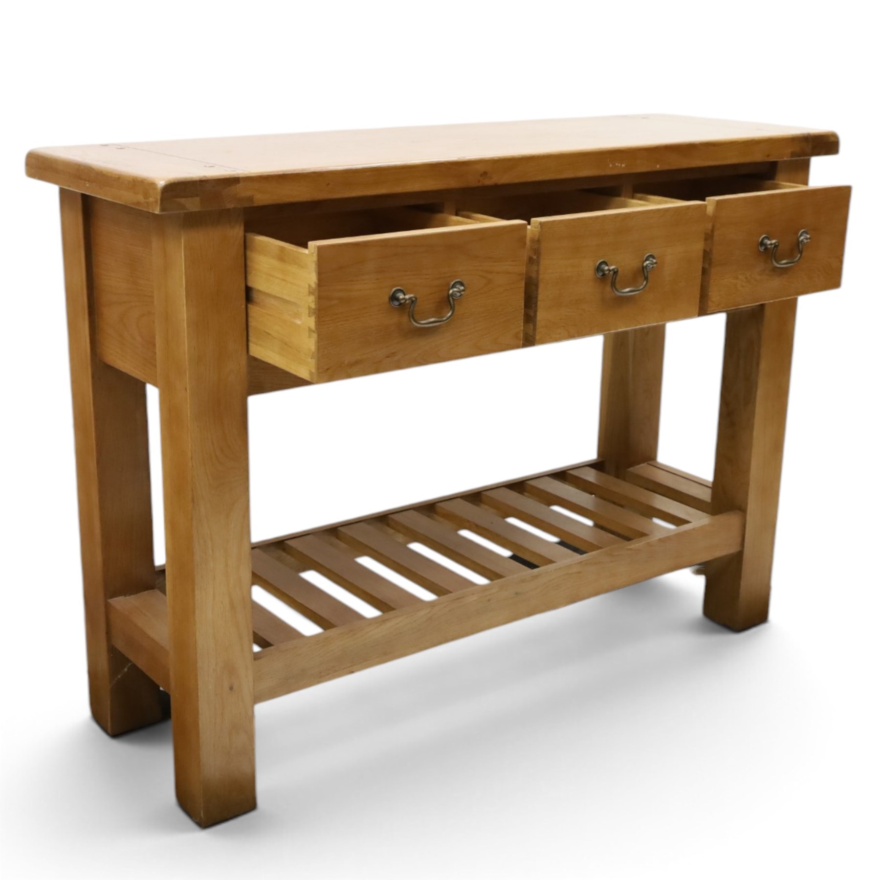 Contemporary golden ash and oak side table, rectangular top fitted with three drawers with swan-neck handles, on square supports united by slatted under-tier