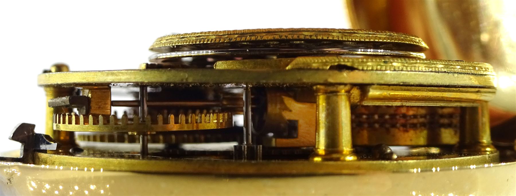 George III gilt pair cased verge fusee pocket watch by George Flote, Islington London, No. 1790, round baluster pillars, pierced and engraved cock balance, white enamel dial with Roman numerals, bull's eye glass, case makers mark I.N, with a fabric watchpaper embroidered with 'Oft let us meet in thought'