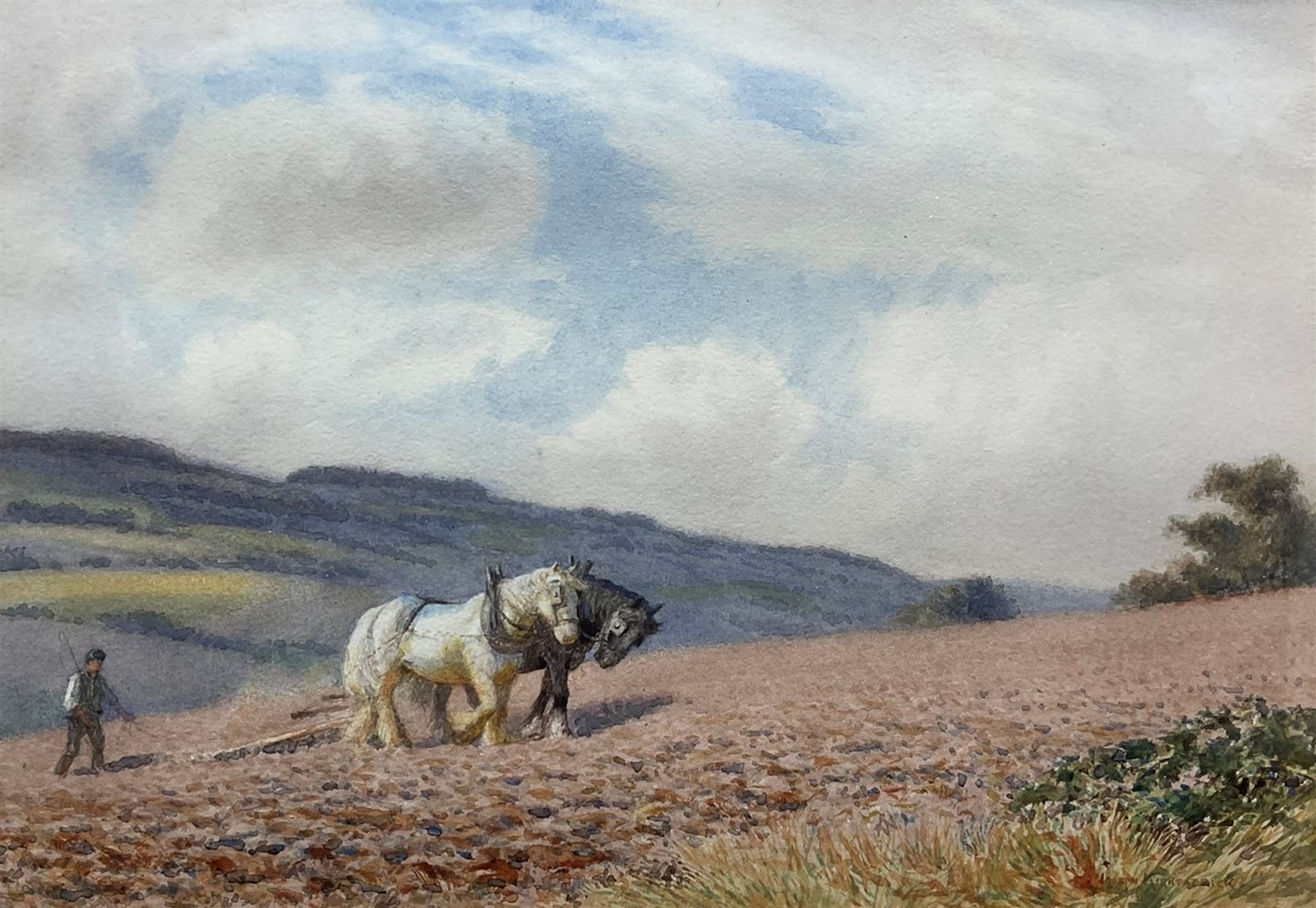 Joseph Kirkpatrick (British 1872-1930): 'Horses Harrowing the South Downs near Arundel Sussex', watercolour signed, titled verso 17.5cm x 25cm