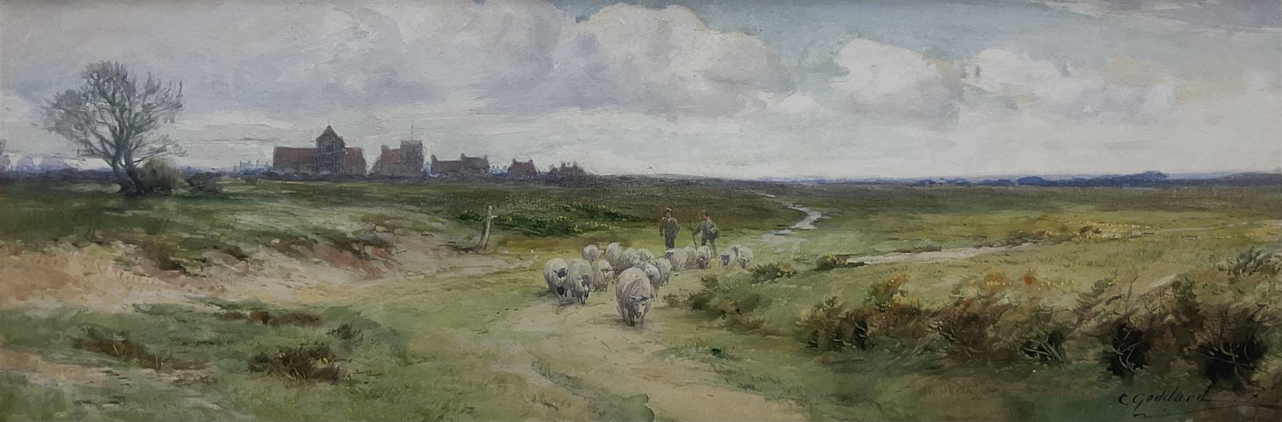 C Goddard (British Early 20th Century): Herding Sheep near Norfolk, watercolour signed 17.5cm x 52cm