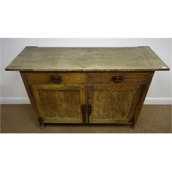  Victorian stained pine wash stand, single drawer, square tapering supports (W90cm, H75cm, D49cm) a similar pine table with single drawer, an oak sideboard with two drawers and cupboards and a pine side table with two drawers and turned supports (4)  