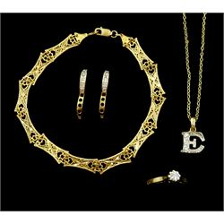 9ct gold jewellery including single stone diamond, bracelet, pair of cubic zirconia hoop earrings and a cubic zirconia 'E' pendant