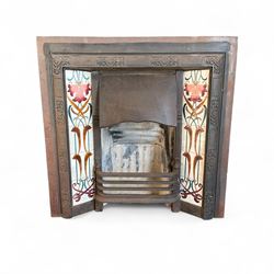 Art Nouveau Cast Iron Fire Surround and fire brick, with floral design tiles inlayed,