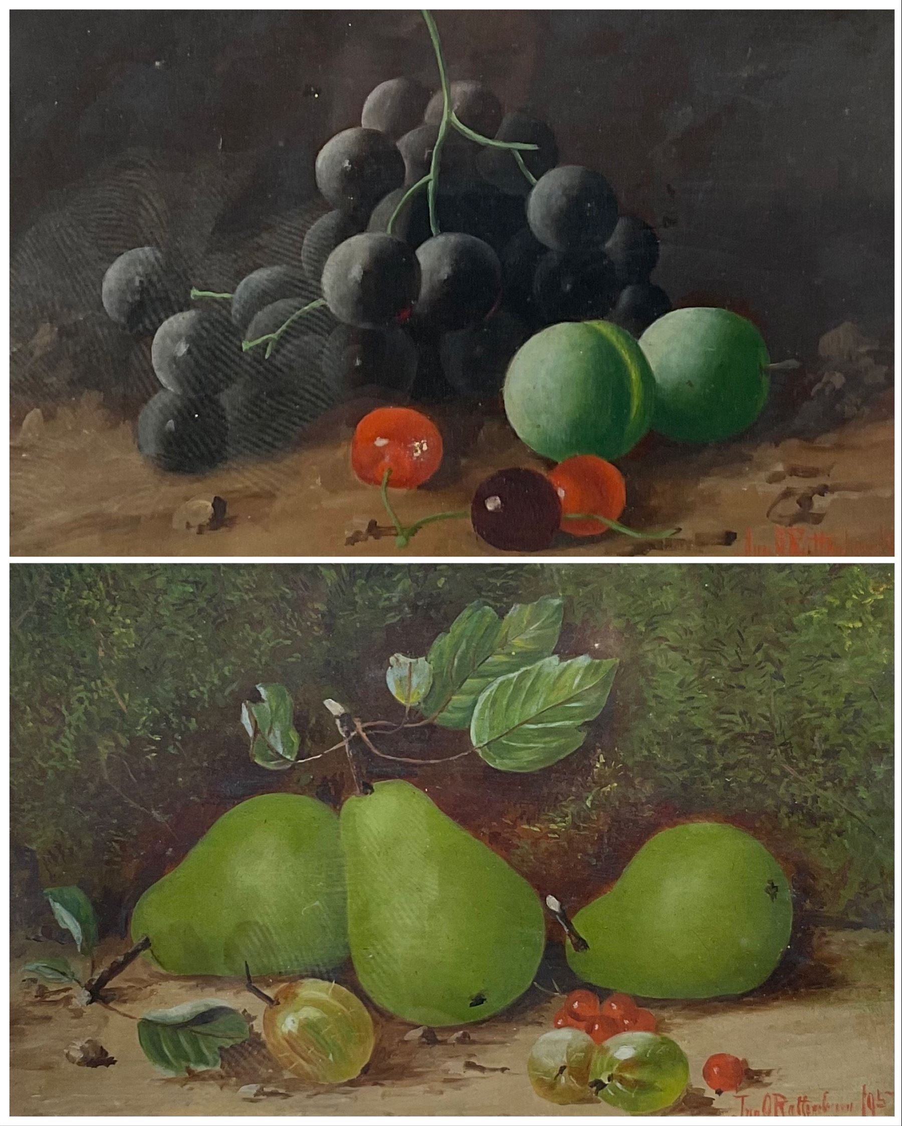 J O Rattenbury (British mid 20th century): Still Life of Pears and other Fruit, pair oils on board signed and dated 195*, 14cm x 22cm (2)