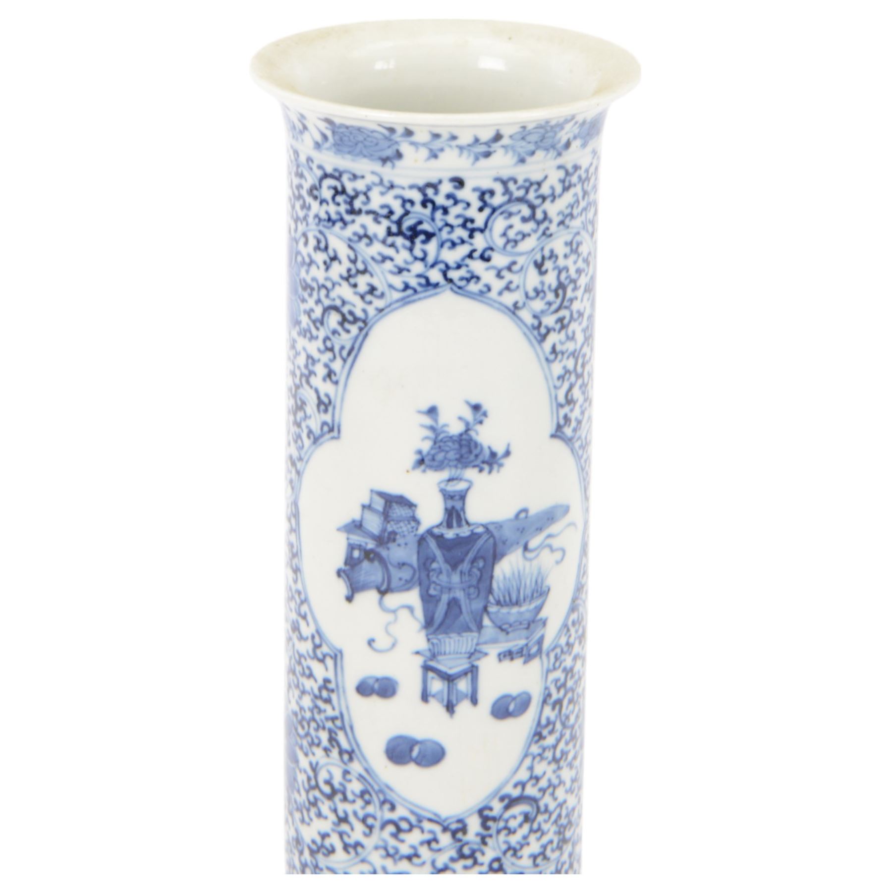 Chinese blue and white cylinder vase, the central panel decorated with vases and domestic objects, with a scrolling floral design, with character marks beneath, H30cm